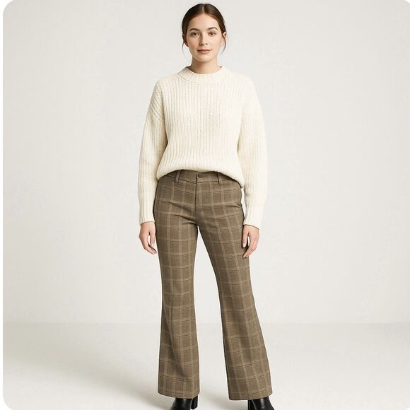 Express Editor Flare Leg Trouser Low Rise Sexy Waist Plaid NEW Size 4 Tan Brown - Picture 4 of 11